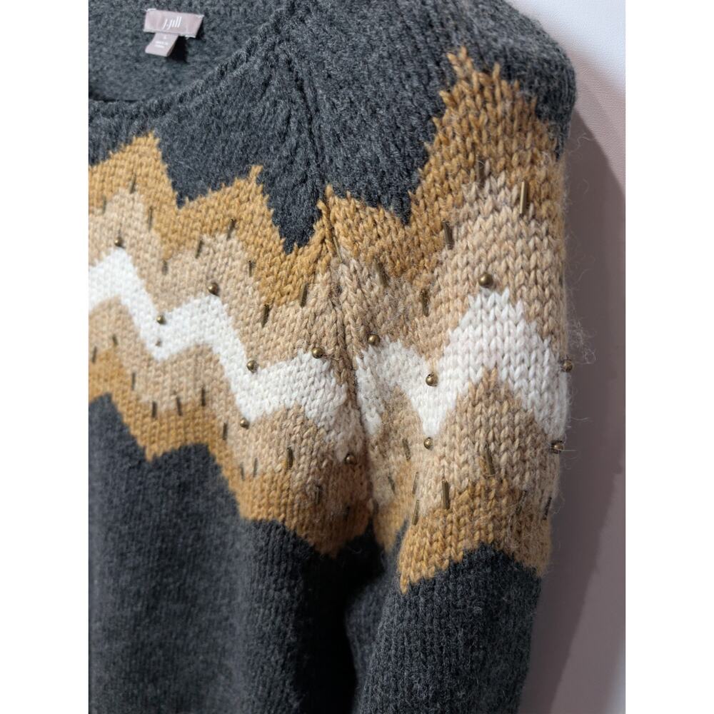 J. Jill Large Gray Brown Wool Knit Sweater Long Sleeve Crew Neck Embellished L - Picture 2 of 14